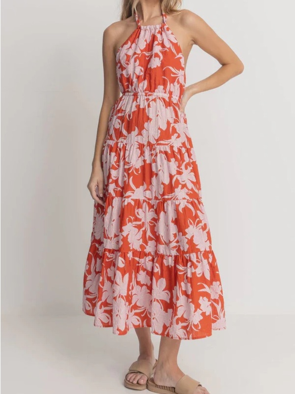 Rhythm Sleeveless Orange Floral Halter Maxi Dress - Brand Unspecified